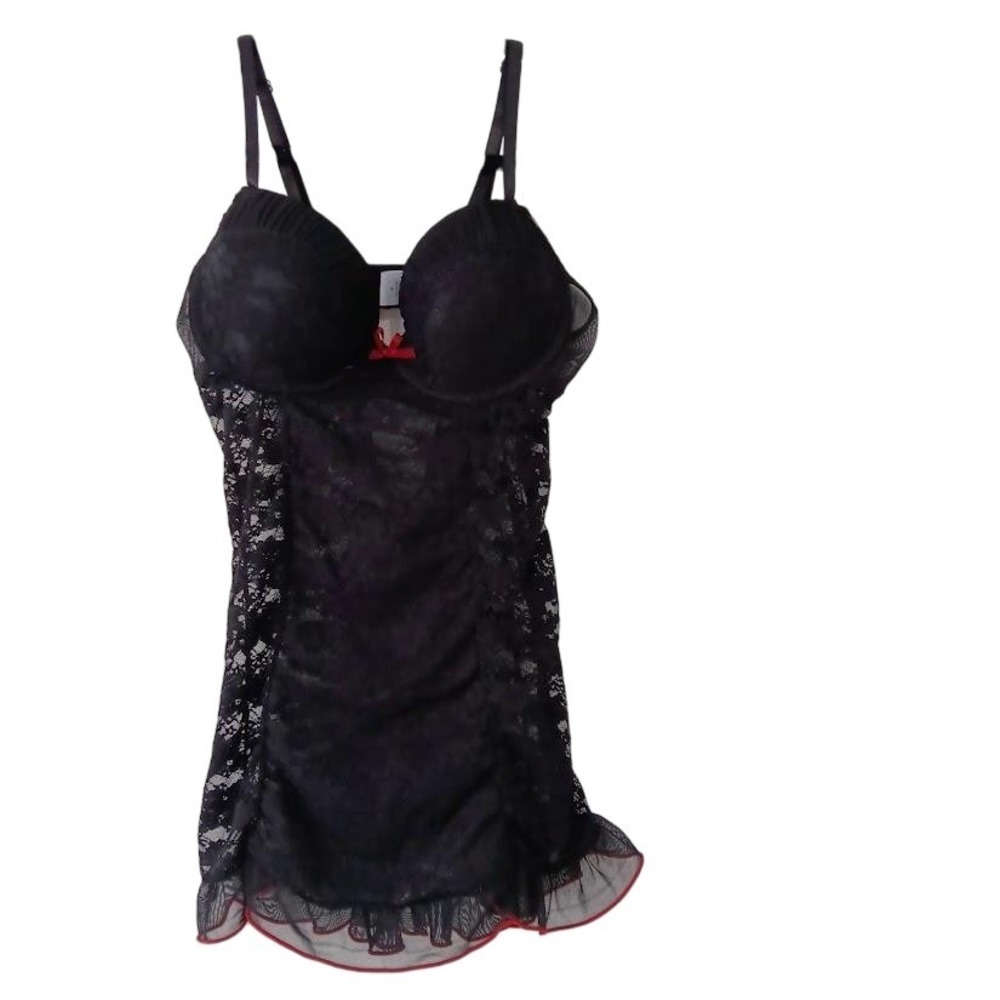 Babydoll Chemise Womens Medium Black Lace Red Trim Ruffle Hem Lingerie Padded